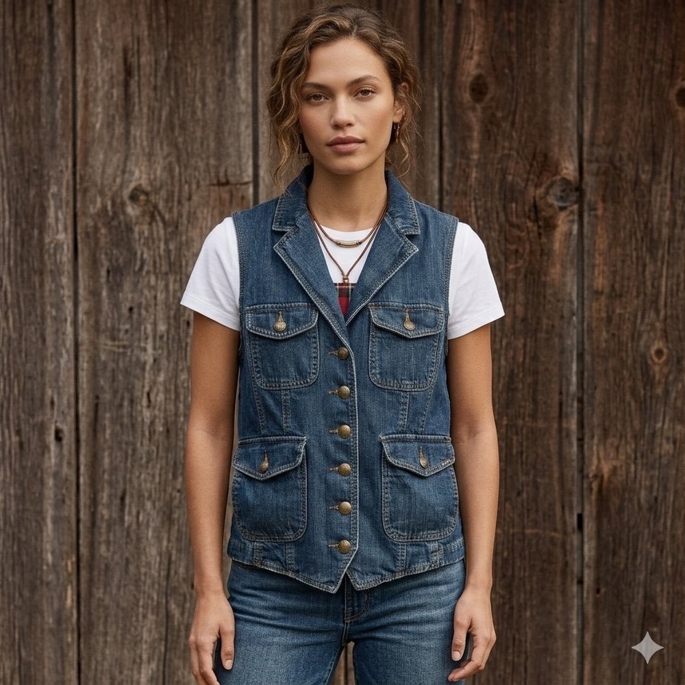 Vintage Lauren Ralph Lauren Denim Vest Plaid Lined Button Front Utility -Size L